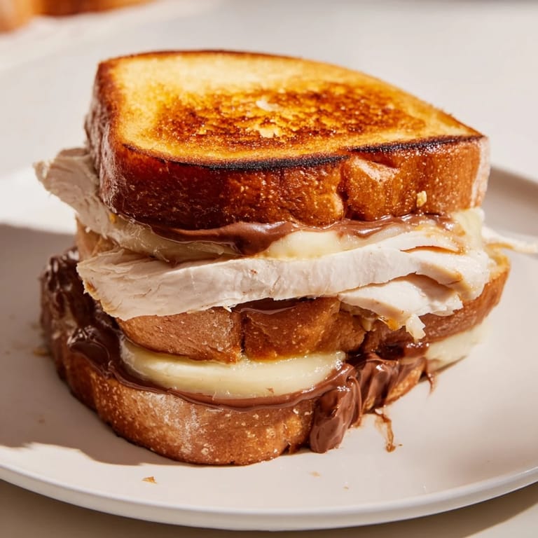 Mouthwatering Nutella grilled cheese with chicken, crisp bread, and melted brie oozing.
