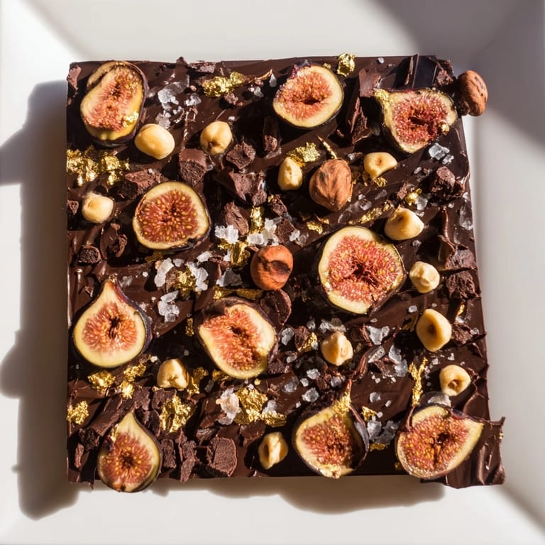 Rich, dark layers of the Midnight Mosaic dessert with a scattering of cocoa nibs.