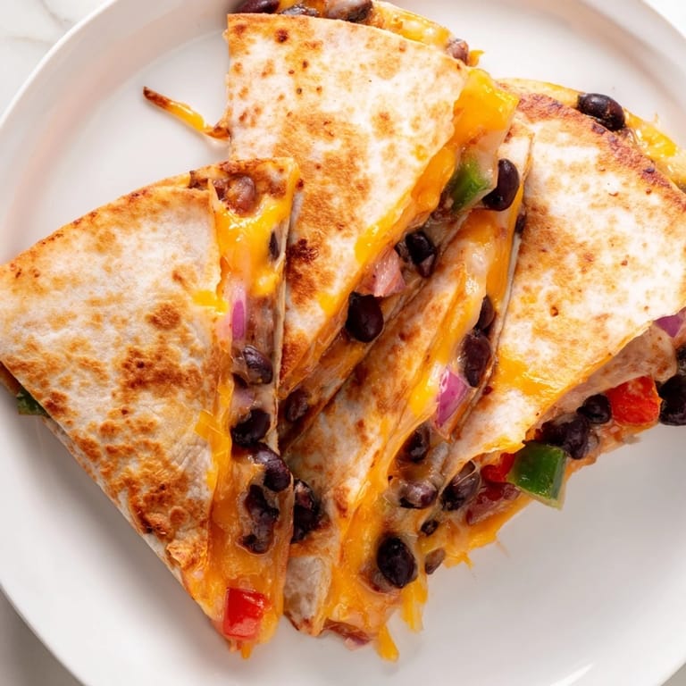 Freshly made and sliced Black Bean Quesadilla, served with sour cream and salsa for a delicious meal.