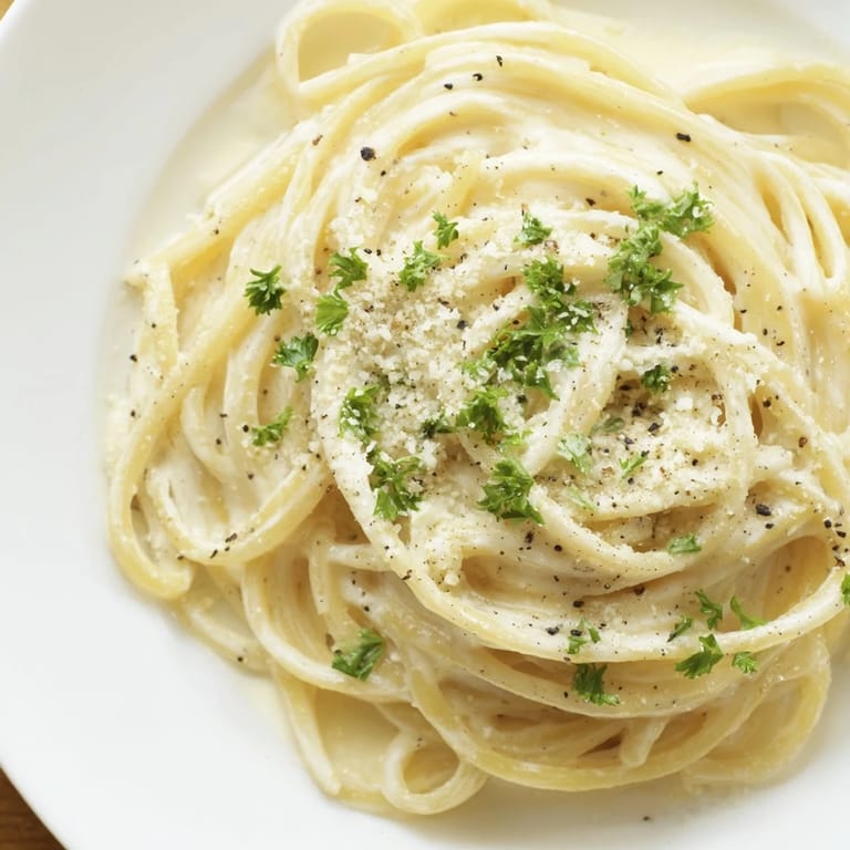 A quick and simple Pasta Alfredo Cottage Hack; imagine the fresh parsley and grated Parmesan!