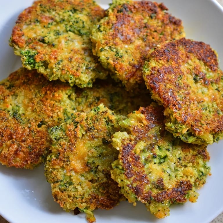 A plate of hot, golden-brown Cheesy Broccoli Patties, ideal comfort food for a vegetarian meal.