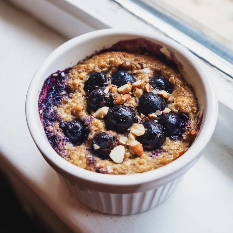 A comforting ramekin of warm Blueberry Baked Oats, bubbling subtly with juicy blueberries throughout.
