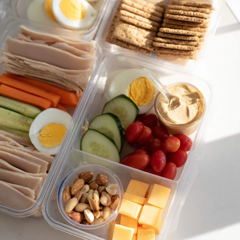 Healthy and delicious protein snack boxes filled with assorted meats and tasty, colorful treats.