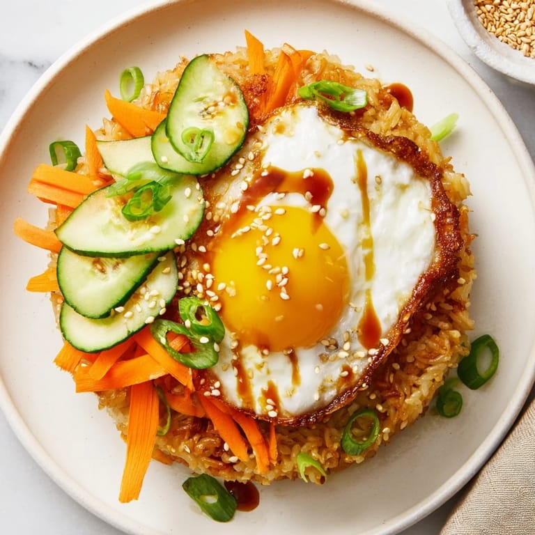 Enjoy a visually appealing crispy egg rice bowl with fresh vegetables and a delicious sauce.