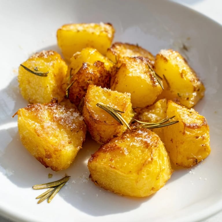Close-up of deliciously crisp Beef Tallow Roasted Potatoes, sprinkled with herbs and ready to serve.