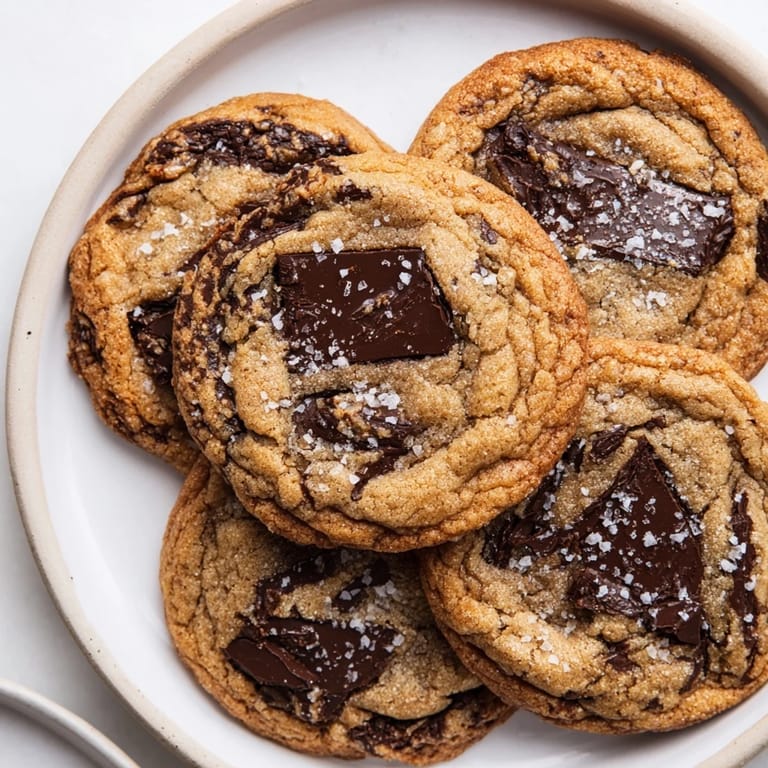 Close-up of baked Miso Brown Butter Cookies, showing melted chocolate and a caramelized crust.
