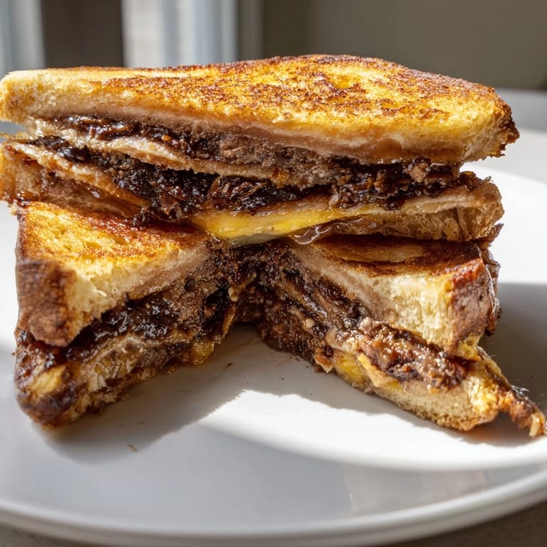 Melting cheddar and Gruyère on a hearty Bacon Jam Grilled Cheese, served with a crispy crust.