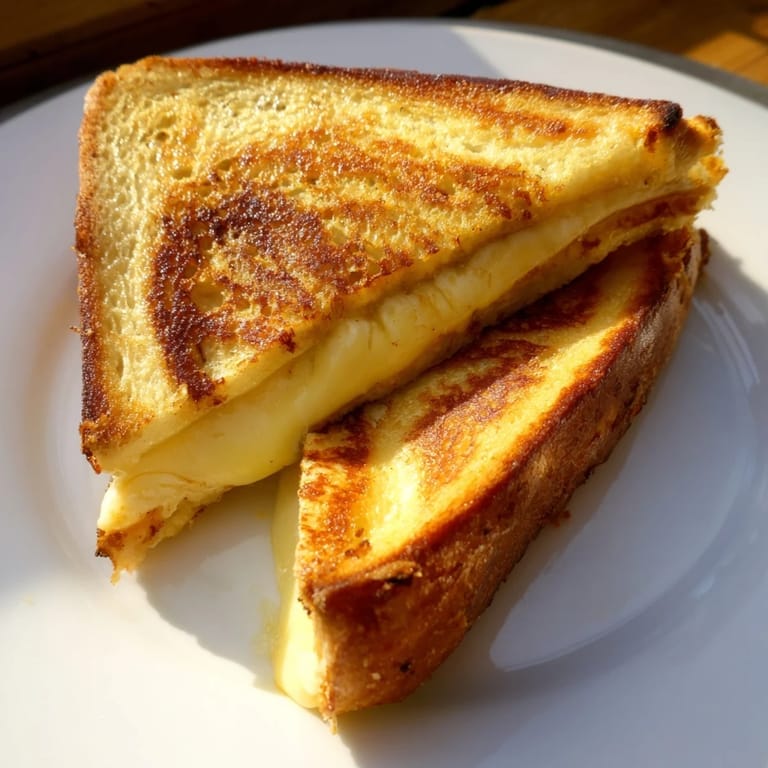 Crisp exterior and melty center: a photo of the delicious Custard French Toast Grilled Cheese.