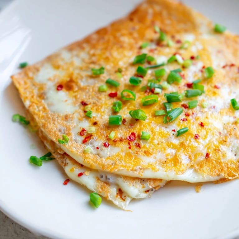 Freshly cooked Rice Paper Egg Cheese Wrap; a satisfying, quick breakfast with crispy edges.