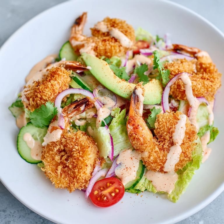 Close-up of a flavorful Spicy Crispy Shrimp Salad drizzled with spicy sriracha-lime dressing, a delicious meal.