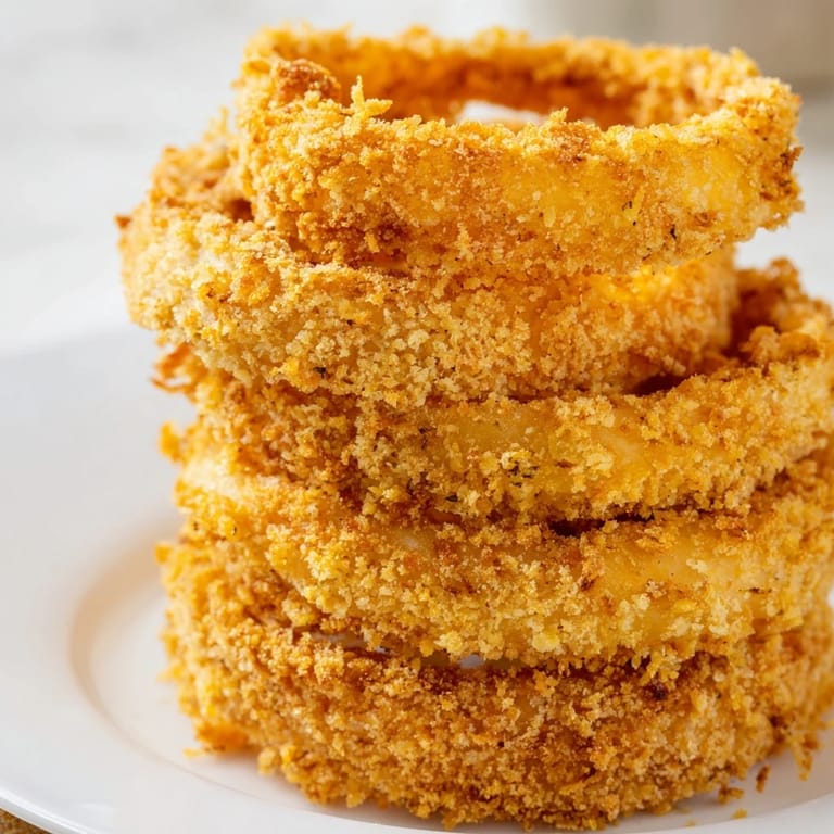 Perfectly fried Crispy Onion Ring Tower, with a satisfying crunch and inviting aroma, ideal for sharing.