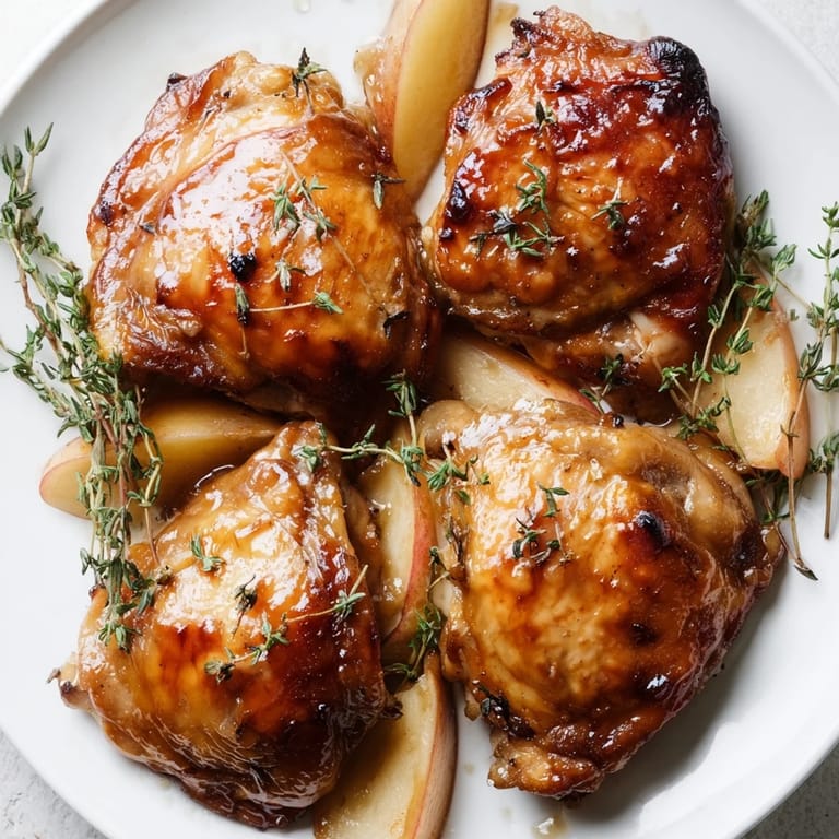 A close-up of baked Sticky Maple Apple Chicken, showing the syrupy glaze and tender apples.