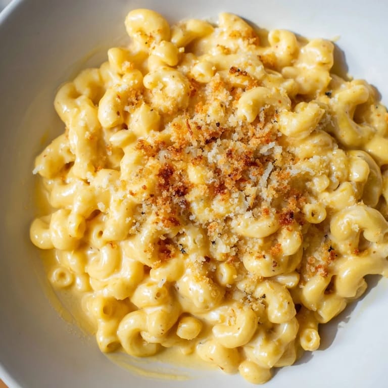 A close-up of a bowl of rich Pumpkin Mac & Cheese, inviting you to enjoy the cheesy comfort.