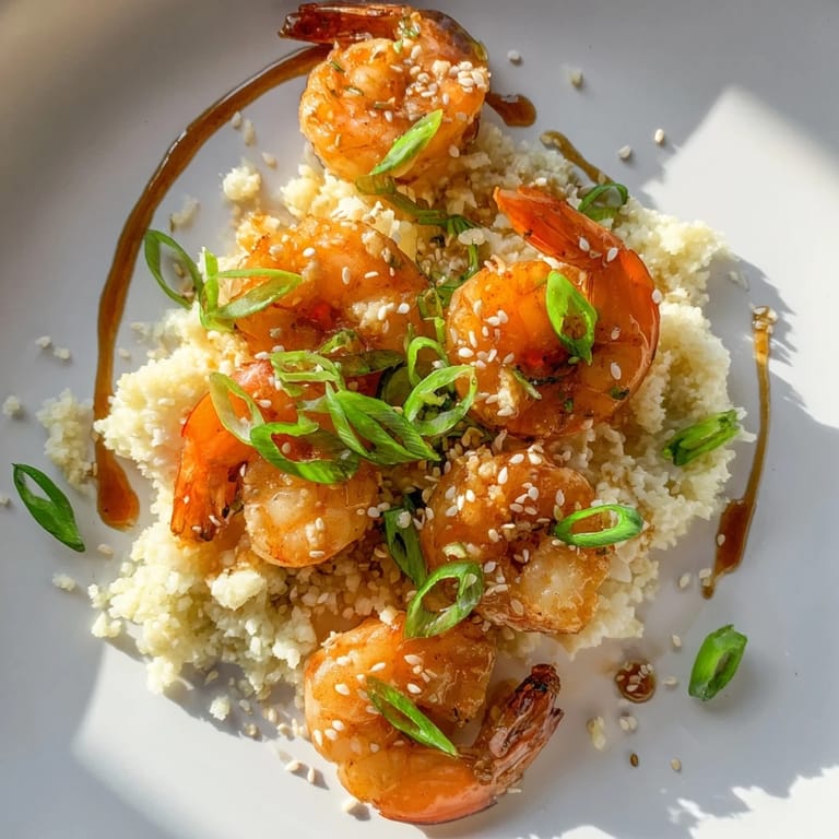 Close-up of golden-brown Ginger Garlic Shrimp Bowls, showcasing tender shrimp on fluffy cauliflower rice.