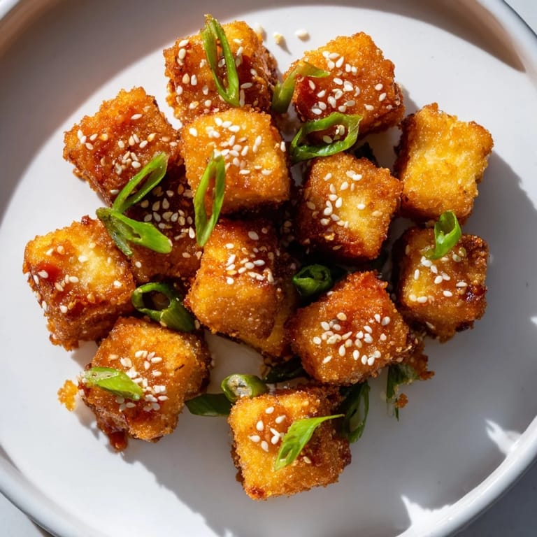 Close-up of freshly glazed Honey Sriracha Tofu Nuggets, coated in sesame seeds, a tasty snack.