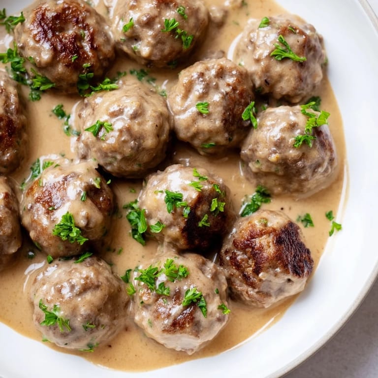 Golden-brown Swedish Meatballs simmering in a flavorful gravy, a classic comfort food.