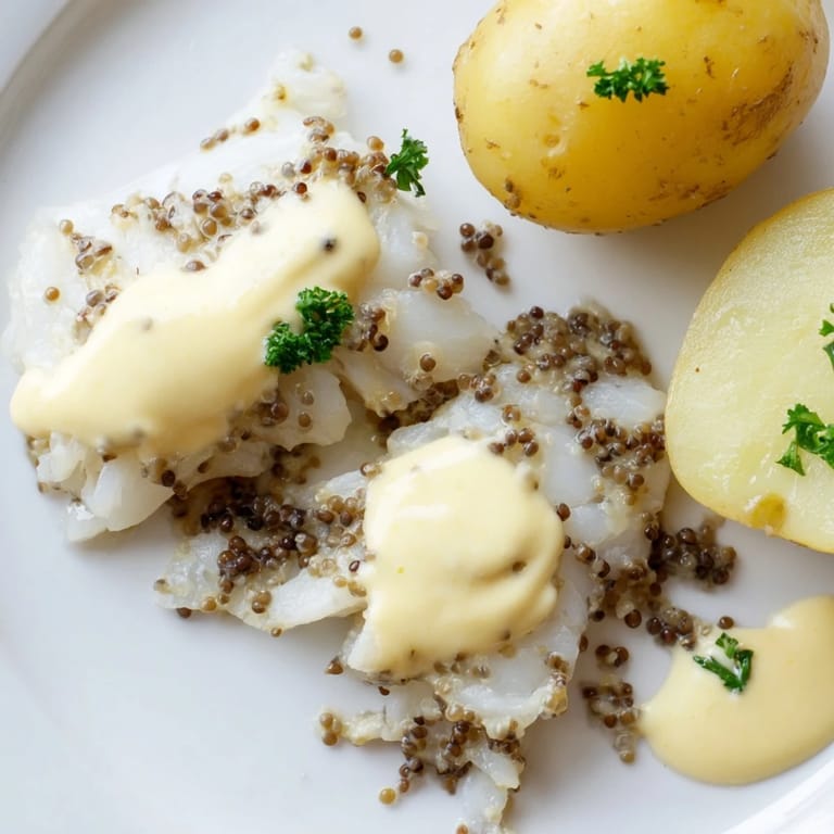 A close-up of Norwegian Lutefisk glistening under creamy mustard sauce, perfect for a cozy dinner.