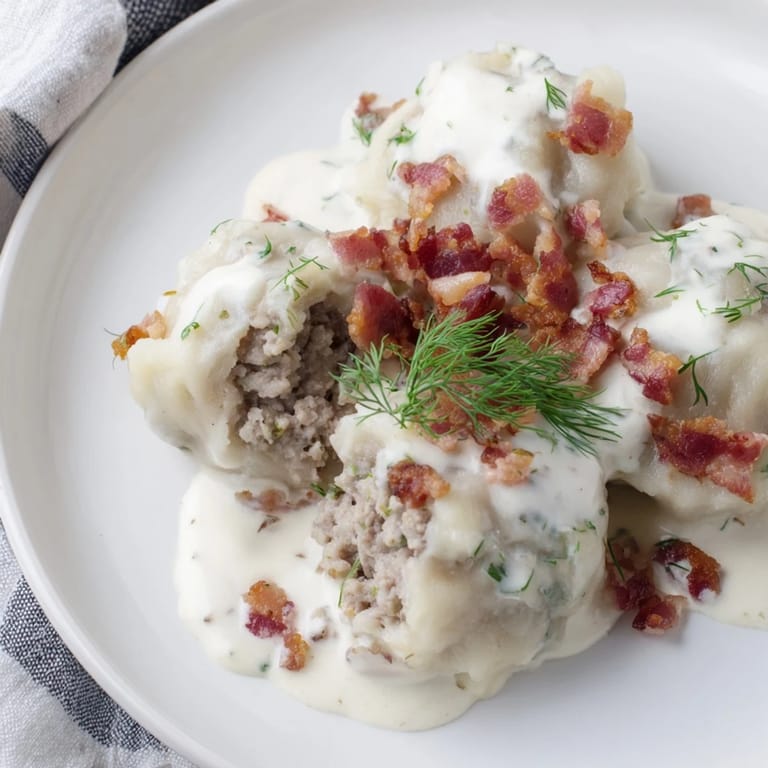 Enjoy the hearty aroma of freshly cooked Lithuanian Cepelinai, a traditional potato dumpling dish with bacon.