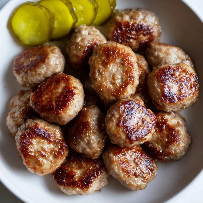 A close-up shot of pan-fried Danish frikadeller, perfect served with sides of rye bread and pickles.