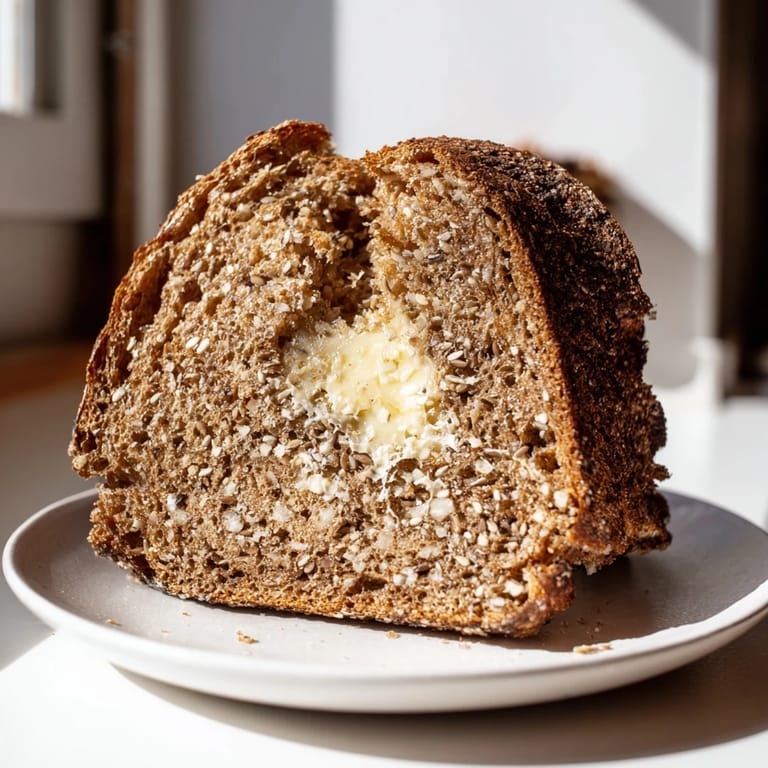 Close-up of golden Latvian Rupjmaize bread, showing a moist interior dotted with caraway seeds and texture.