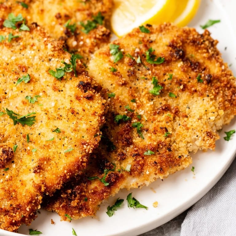 Imagine the amazing aroma of this homemade German Schnitzel, fried and served with fresh parsley garnish.