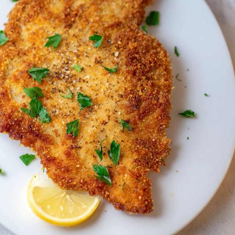 This photo shows perfectly golden-brown fried German Schnitzel cutlets on a plate, ready to serve and eat.