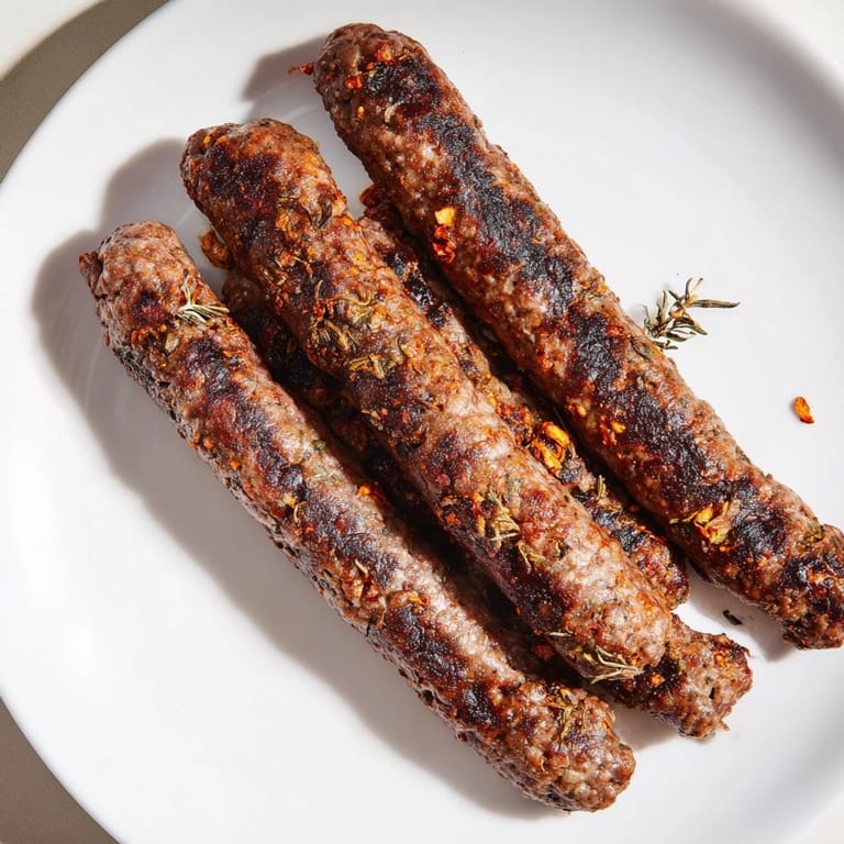 Close-up of golden brown Romanian mici sausages, showing their crispy exterior and tender insides.