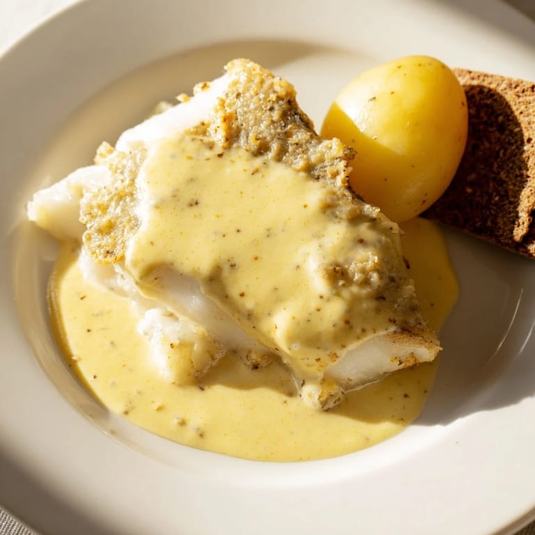 Appetizing image of Norwegian lutefisk with a rich, yellow mustard sauce, ready for a festive holiday meal.