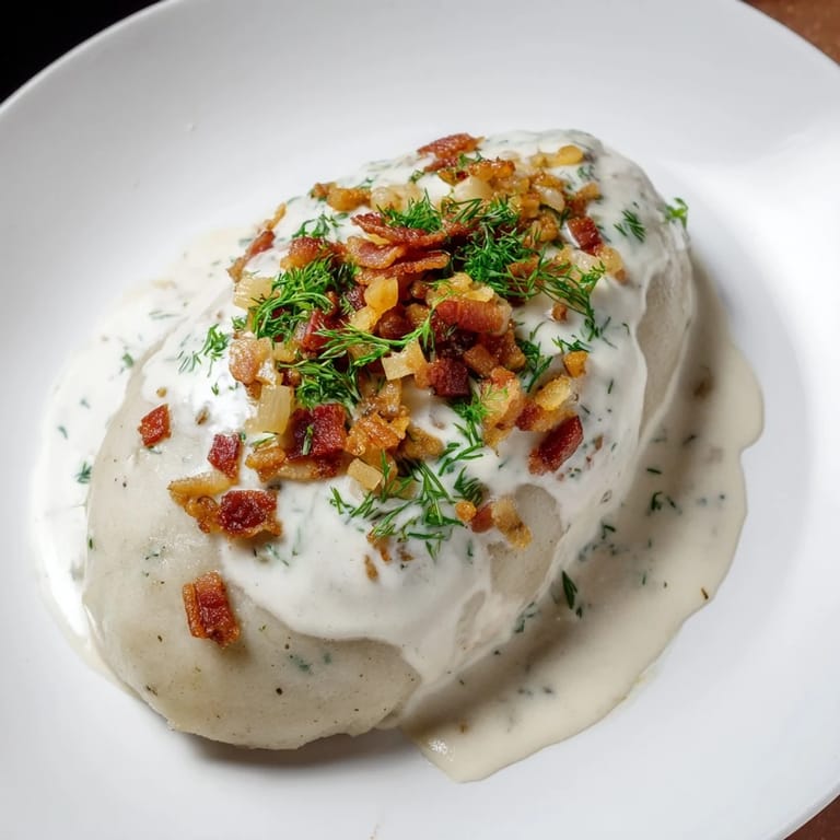 Close-up of golden Cepelinai, showing tender potato wrappers and flavorful meat filling, ready to serve.