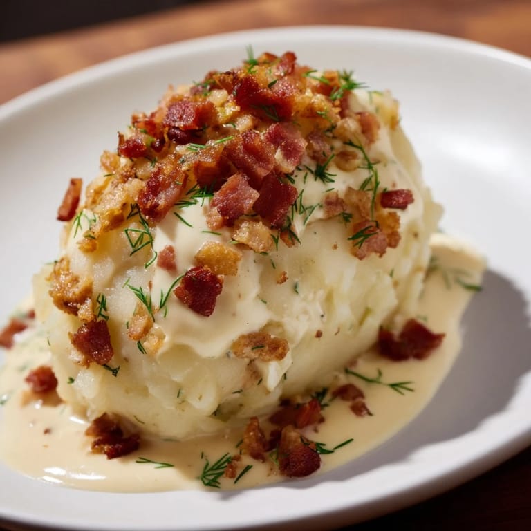 A plate of homemade Lithuanian Cepelinai, topped with crispy bacon and herbs, bursting with hearty flavor.