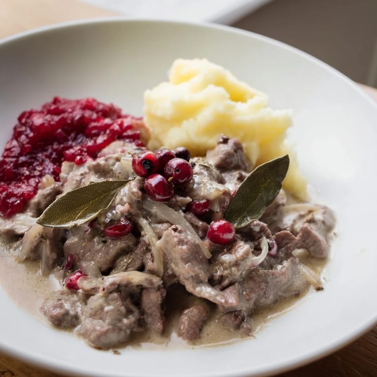 A steaming bowl of Finnish Reindeer Stew garnished with bright red lingonberries, served with mashed potatoes.
