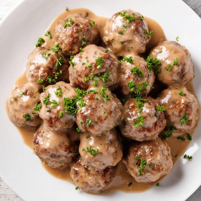 Hearty Swedish Meatballs, browned and glistening, nestled in a rich, savory gravy with fresh parsley garnish.