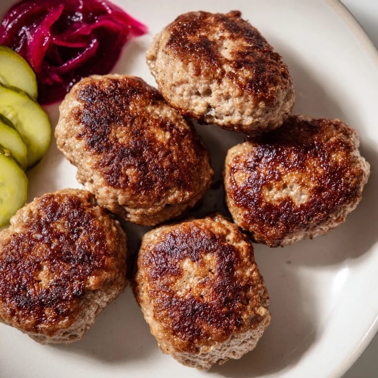 Close-up of freshly cooked Danish frikadeller, served with tangy pickles for a savory, satisfying dinner.