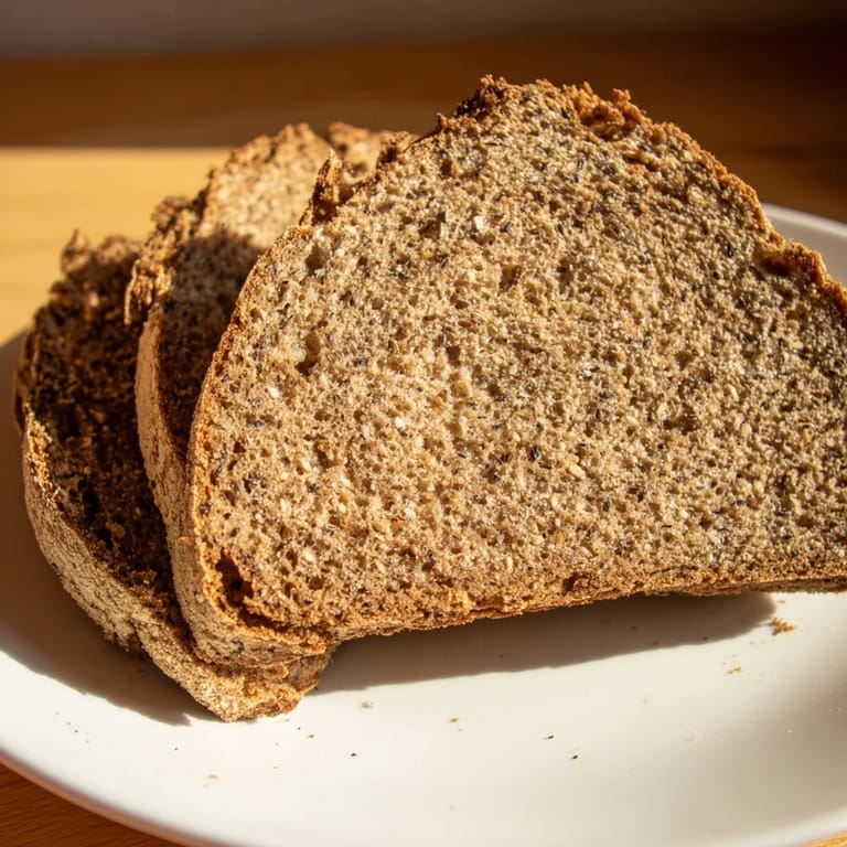 Close-up of freshly baked Latvian Rupjmaize bread, showcasing its dense texture and caraway seeds, ready to savor.