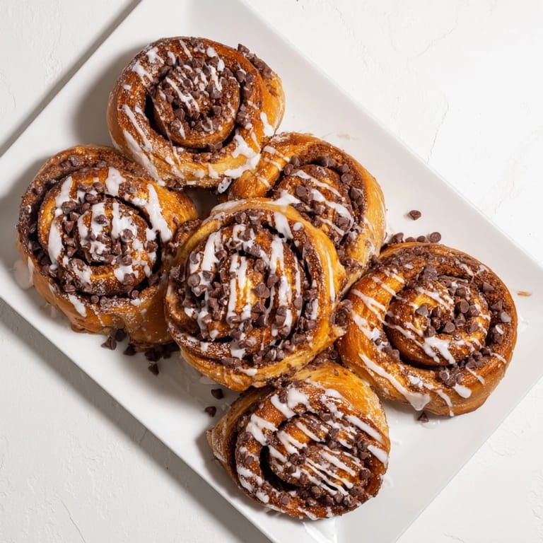 A serving platter displays golden-brown Nutella Chocolate Chip Rolls drizzled with a white glaze, ready to be enjoyed with a hot cup of coffee.
