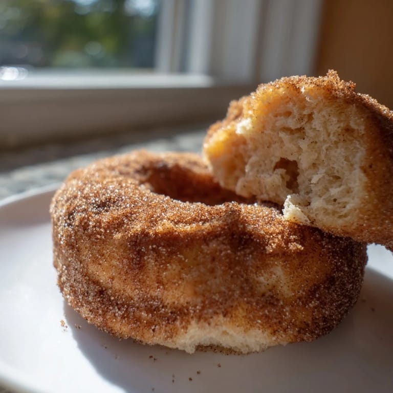 Freshly air-fried, these fluffy donuts display a delicate crackle of cinnamon sugar, perfect for an easy homemade dessert.