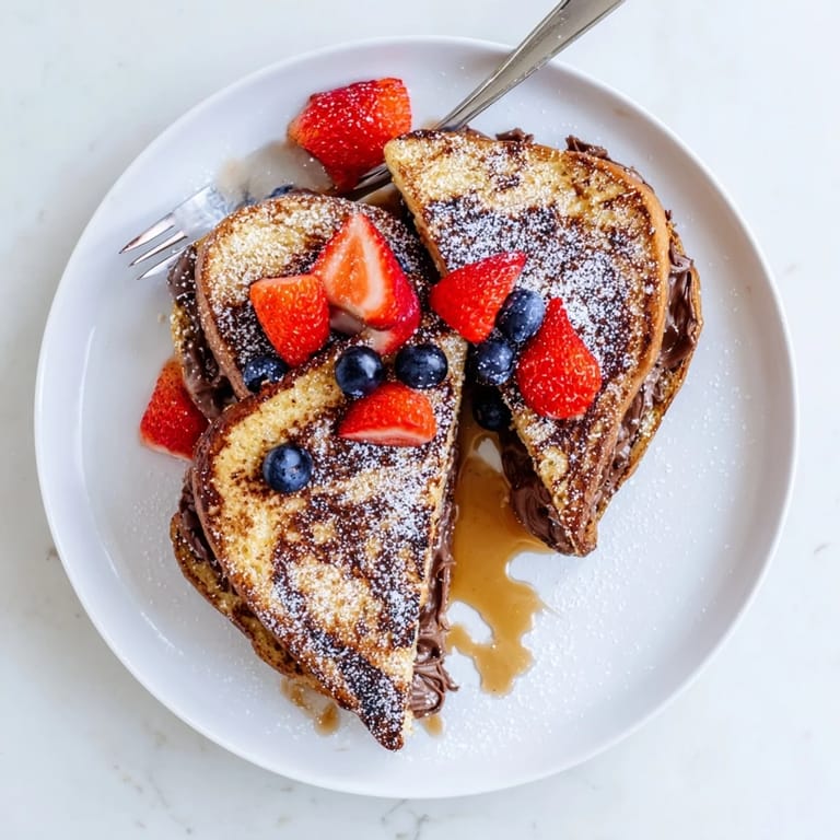 Decadent Nutella Brioche French Toast served warm with a drizzle of maple syrup.