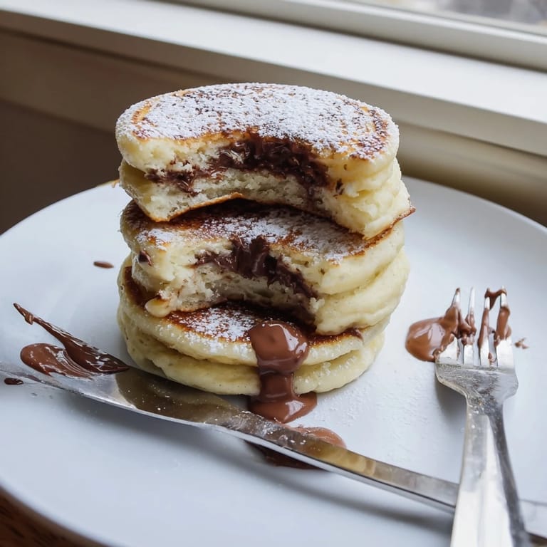 Thick Nutella Stuffed Pancakes are stacked high, showing a melted, gooey chocolate center, perfect for a decadent weekend breakfast.