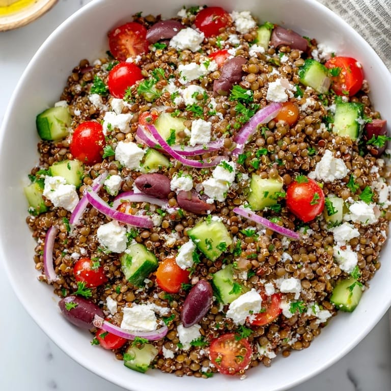 Hearty Greek Power Salad in a white bowl, with fresh parsley, red onion, and cherry tomatoes for a nutritious meal.