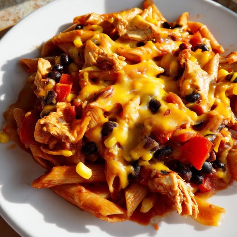 Cheesy Chicken Enchilada Pasta with penne, black beans, and peppers in a Tex-Mex sauce.