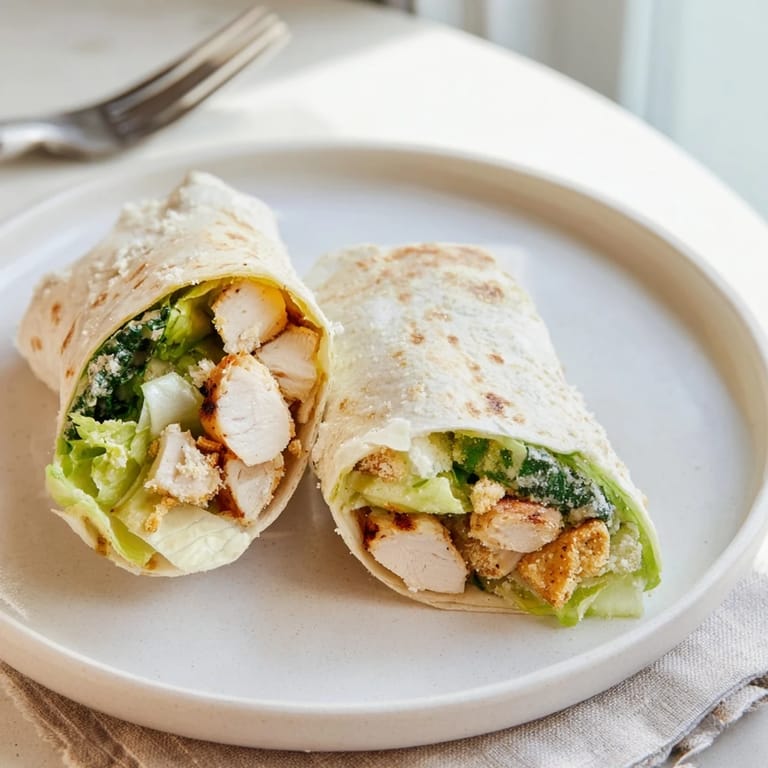 Juicy grilled chicken and crunchy croutons fill a warm tortilla with this classic Caesar Chicken Salad Wrap for an easy dinner.