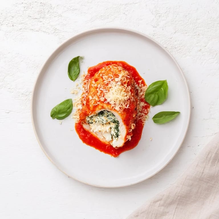 Overhead view of Spinach Ricotta Stuffed Chicken, showing creamy filling in a skillet with crushed tomatoes.