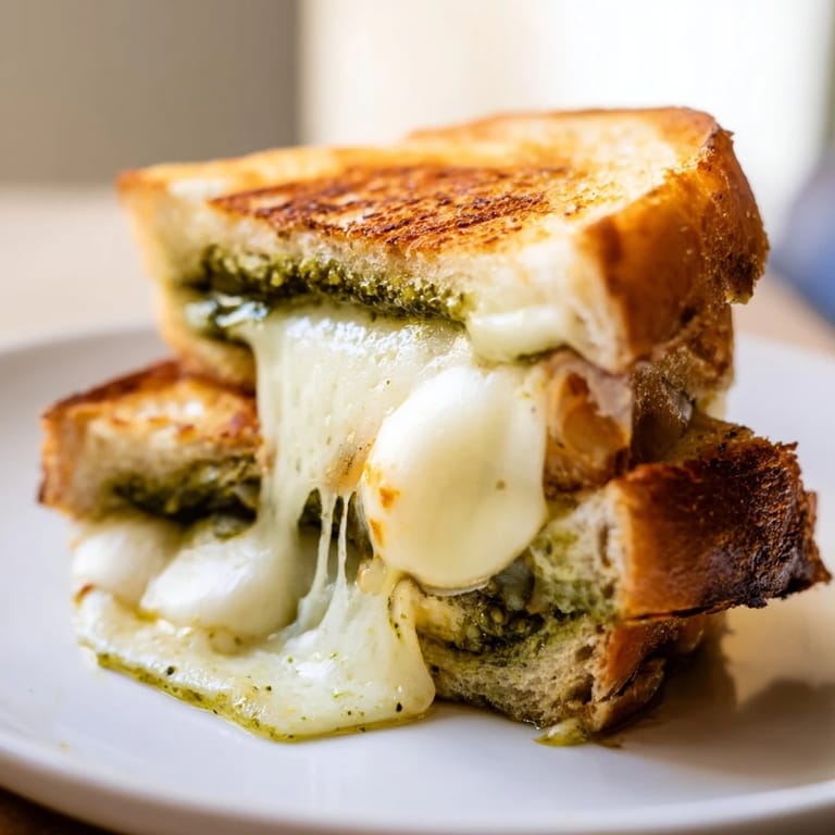 Close-up of sourdough pesto grilled cheese, gooey mozzarella and fontina melting under a golden-brown crust.