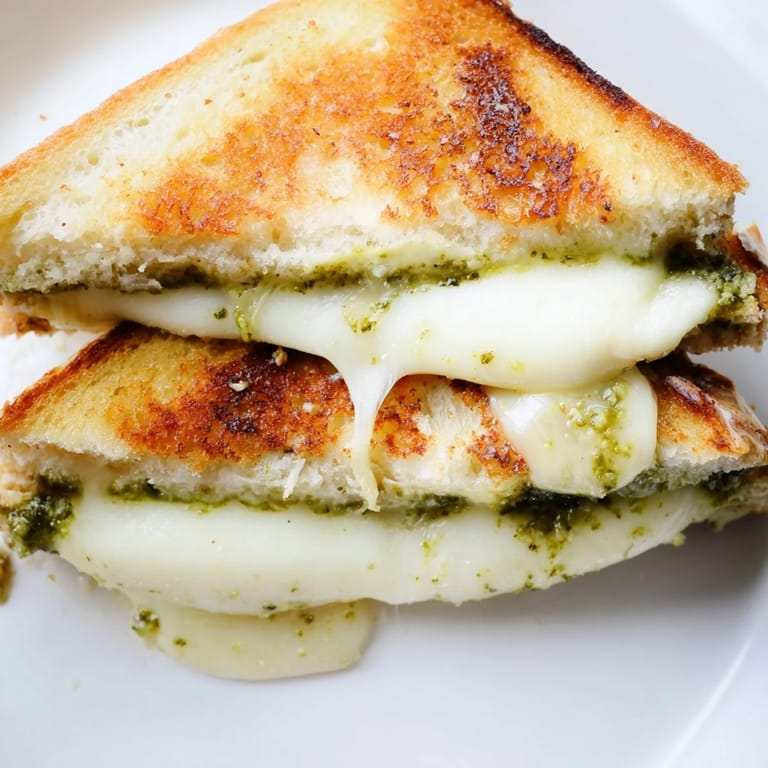 Sourdough pesto grilled cheese sandwich stacked high, aromatic basil pesto and sharp white cheddar layered between toasted slices.  