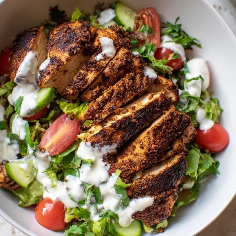 A close-up of the Chicken Shawarma Salad Bowl shows juicy, sliced chicken, fresh herbs, and a generous swirl of tangy yogurt garlic sauce over crisp vegetables.  