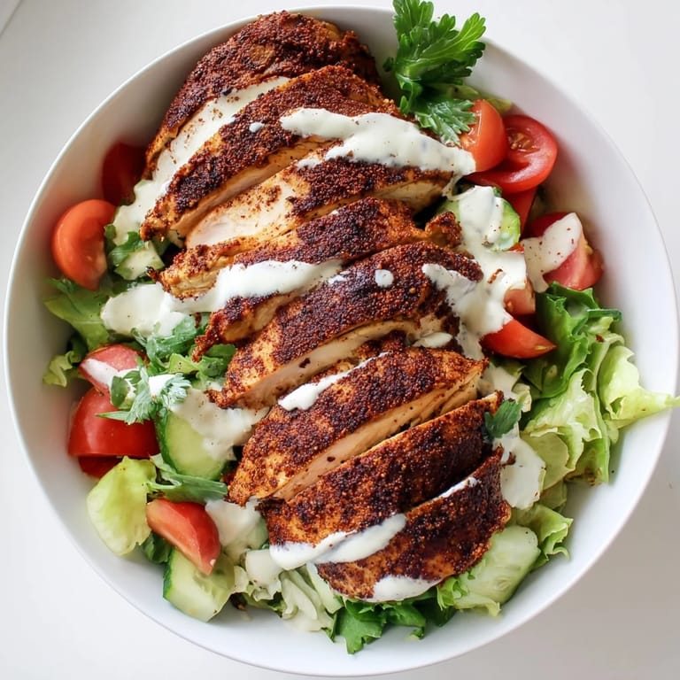 A fork lifts a bite of the Chicken Shawarma Salad Bowl, featuring marinated chicken, cucumbers, and tomatoes from the colorful, healthy Middle Eastern-inspired meal.