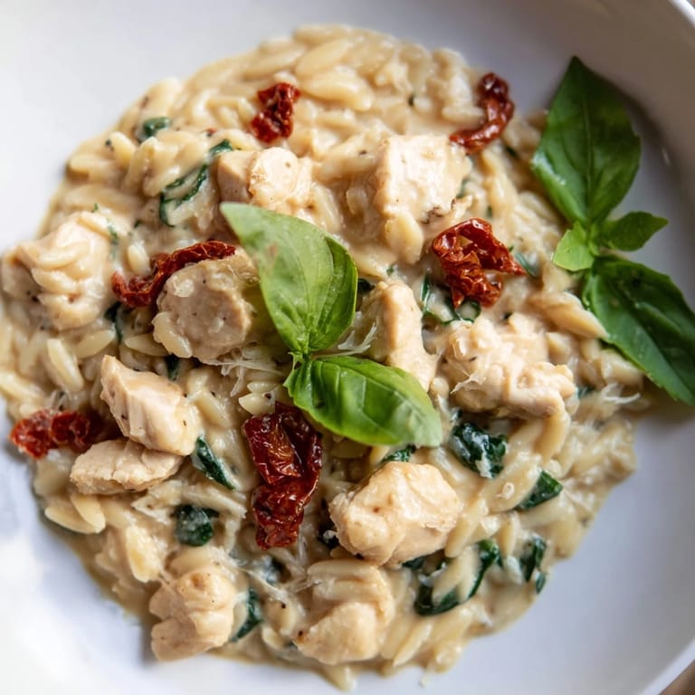 Hearty Tuscan Chicken Orzo featuring golden chicken pieces and vibrant sun-dried tomatoes in a rich cream sauce.  