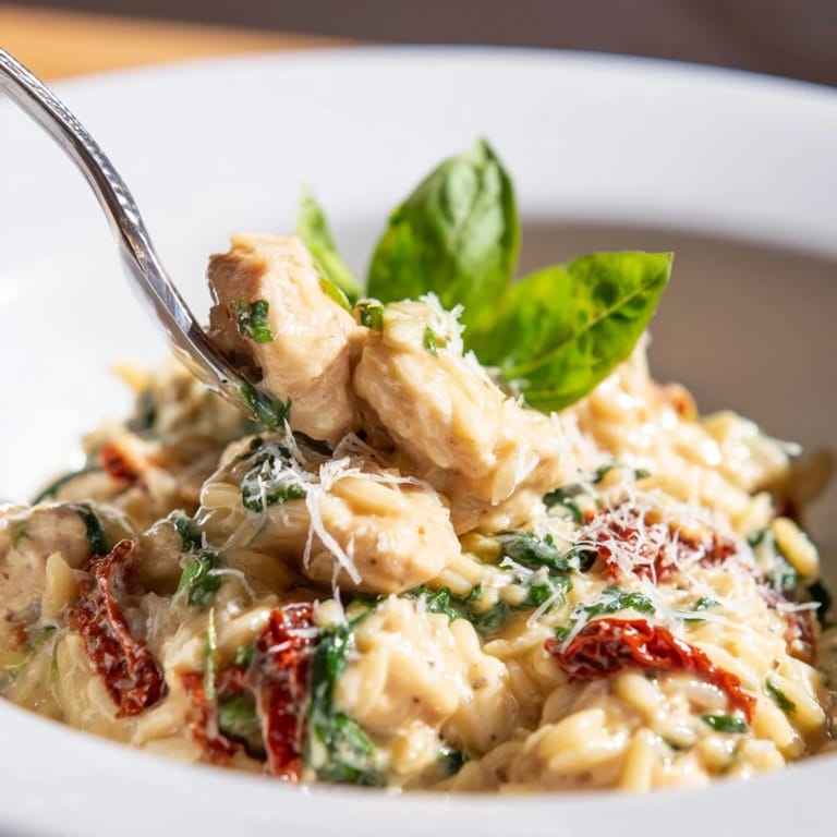 A close-up of Tuscan Chicken Orzo topped with fresh basil and grated Parmesan, ready to be enjoyed.