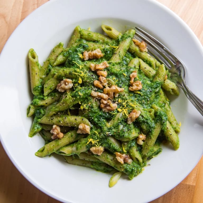 Overhead view of Creamy Spinach Walnut Pasta served on a rustic wooden table, surrounded by fresh spinach leaves and lemon wedges.