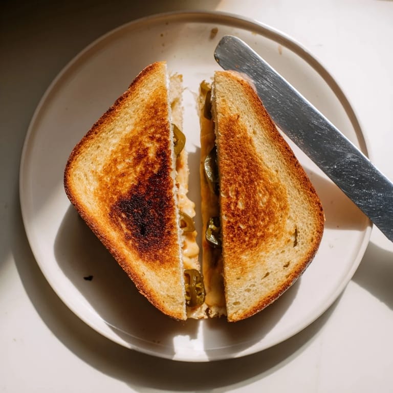 A close-up of a Jalapeño Pepper Jack Grilled Cheese on sourdough, served beside a comforting bowl of tomato soup.